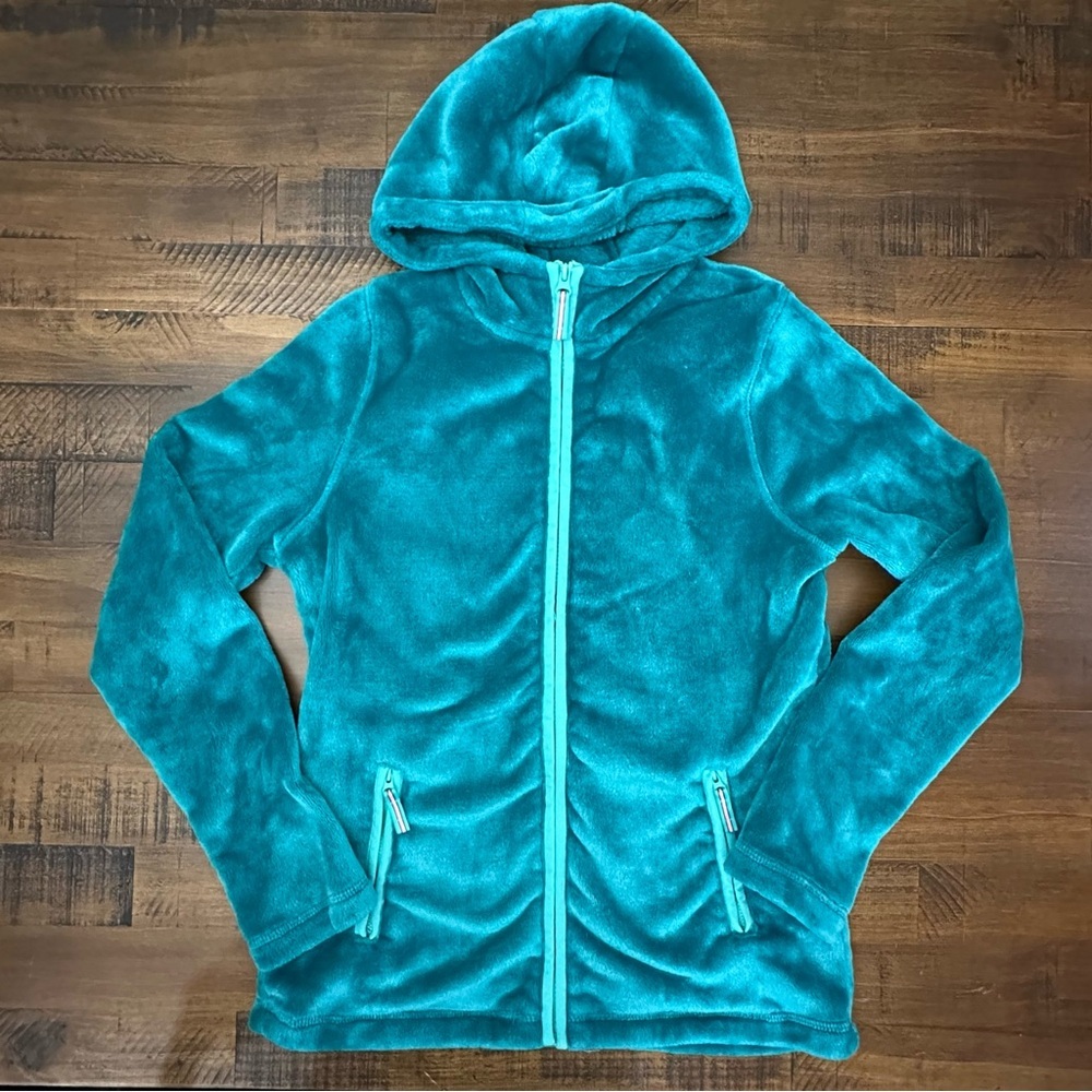 Lands End Girls Green Aqua Fuzzy Soft‎ Zip Up Polyester Jacket Size XL 16
